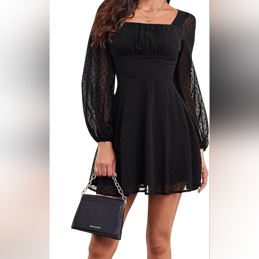 Polka Dot Square Neck A line Long Sleeve Swiss Dots Mini Dress - Picture 3 of 3